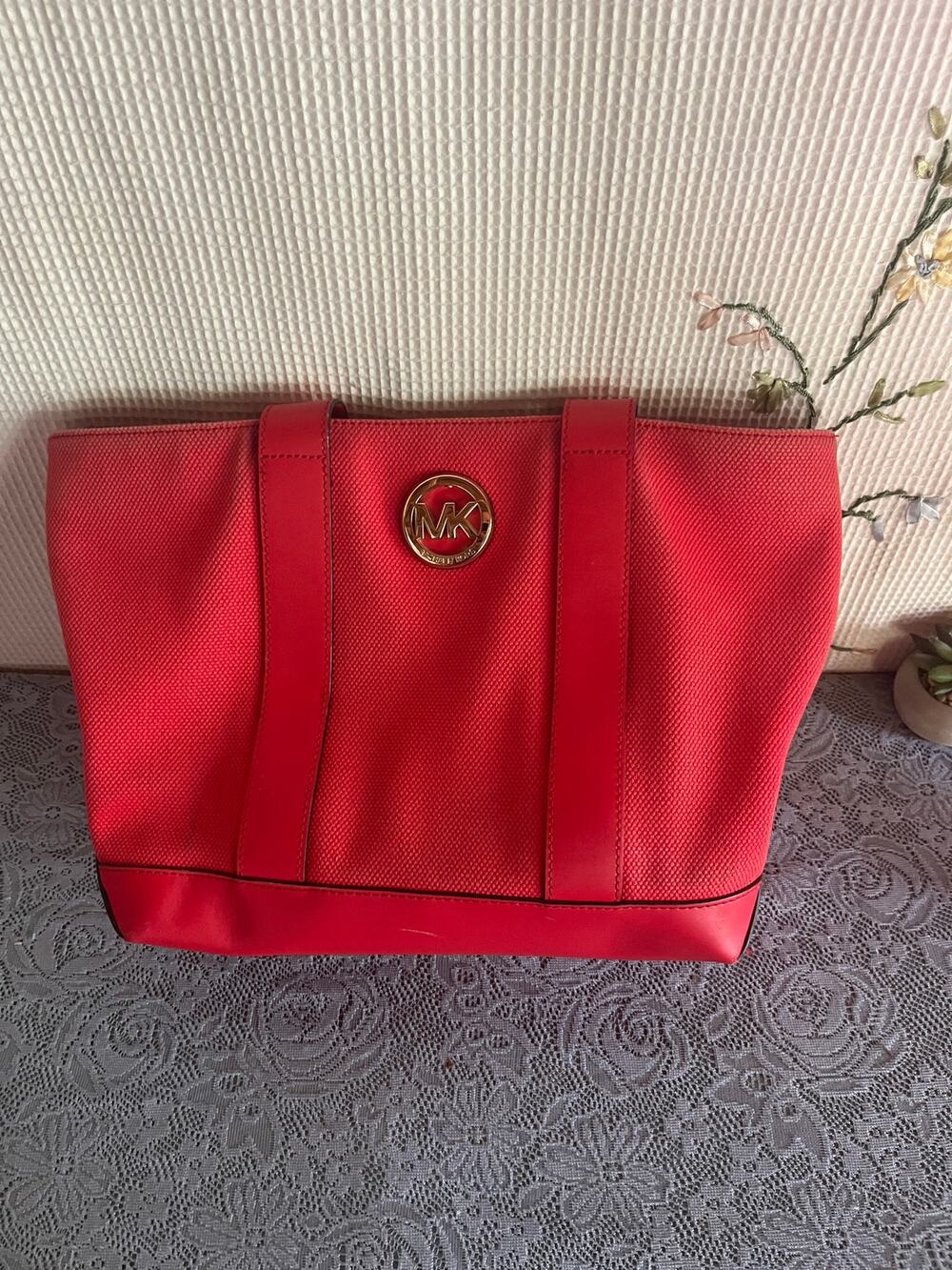 Michael Kors Red Woven Canvas Leather Tote Bag Gold MK Medallion Signature